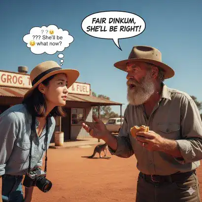 an image of an asian tourist in australia who is trying to understand an australian from the outback